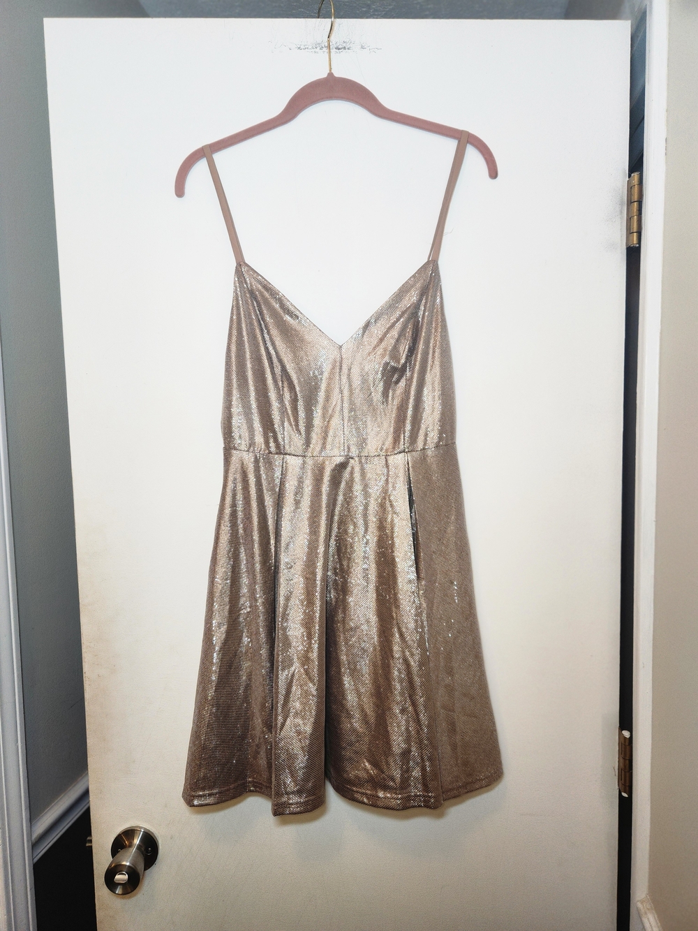 Lulu's Metallic Gold Spaghetti Strap Mini Dress S